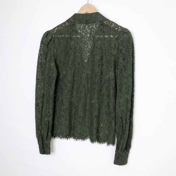 L’AGENCE Olive green, sheer lace, button-down puff sleeve shirt - Picture 9 of 12